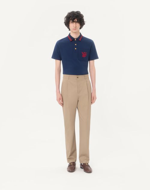 Valentino - Cotton Piqué Polo Shirt With Vg Embroidery - Blue - Man - T-shirts And Sweatshirts